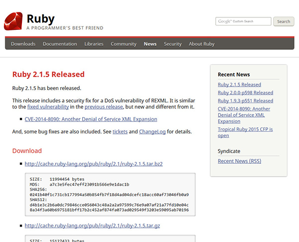 REXMLで発見されたDoSの脆弱性を修正する、「Ruby」2.1系、2.0系、1.9系の最新版リリース