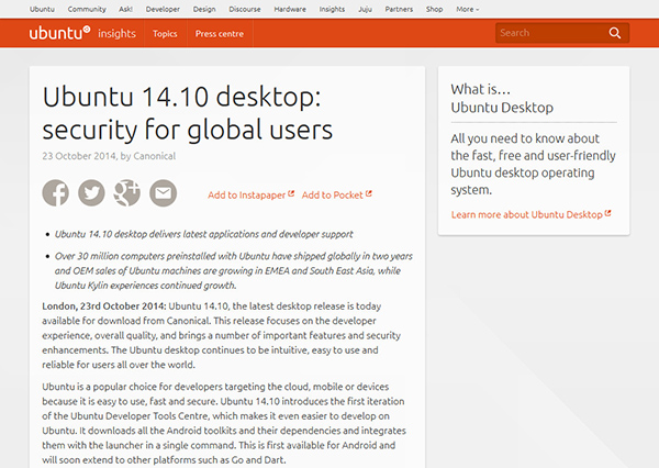 サーバとクラウドの機能が大幅強化された「Ubuntu 14.10」発表
